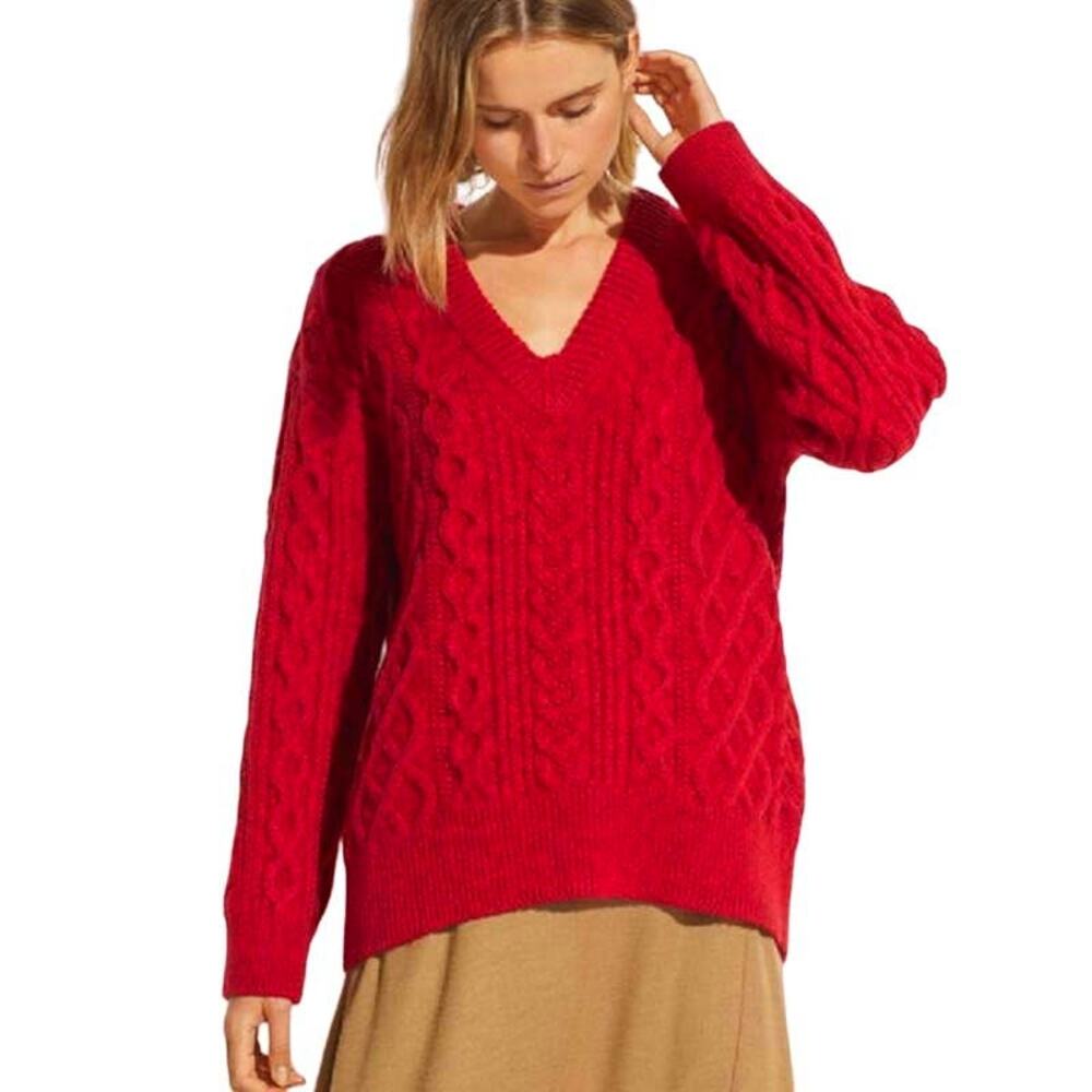 Vince Merino Wool Cashmere Blend Cable Knit V Neck Sweater In Cherry Red Small